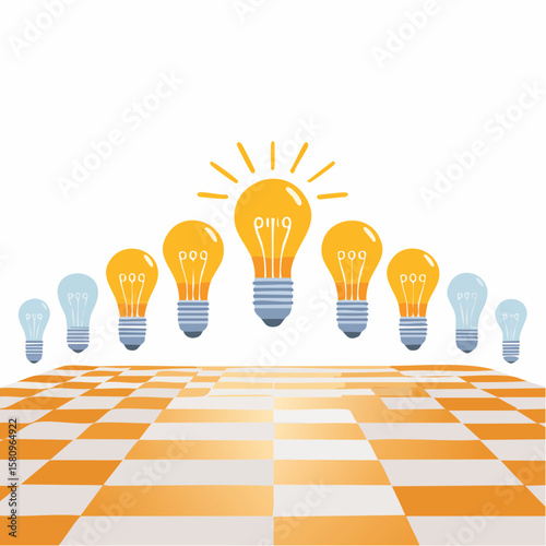 Lightbulb Icons as chess Pawns on checkered Board Idea Game