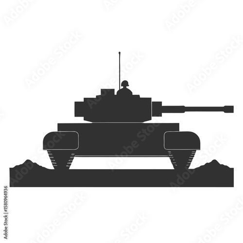 Black vector silhouette illustration of a military tank, armored vehicle, or construction machine