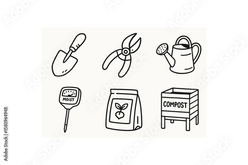 hand drawn cute doodle style isolated gardening spade blade gardening pning shears gardening watering can gardening soil tester gardening seed packet gardening compost bin
