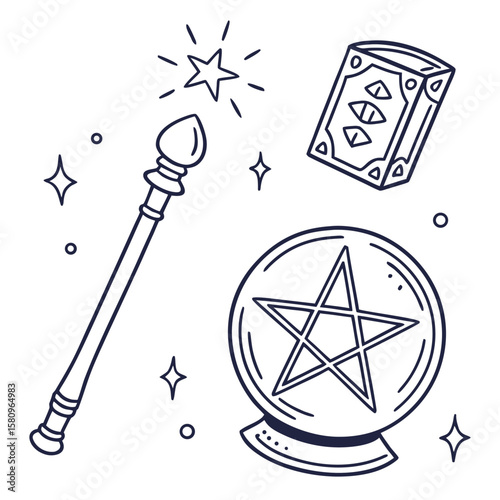 Mystical collection of magic items including a crystal ball with a pentagram a spellbook with eyes and a wand with a sparkling star all in a simple line art style