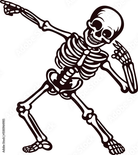 Dabbing human skeleton illustration with raised arms and comic expression isolated on white background