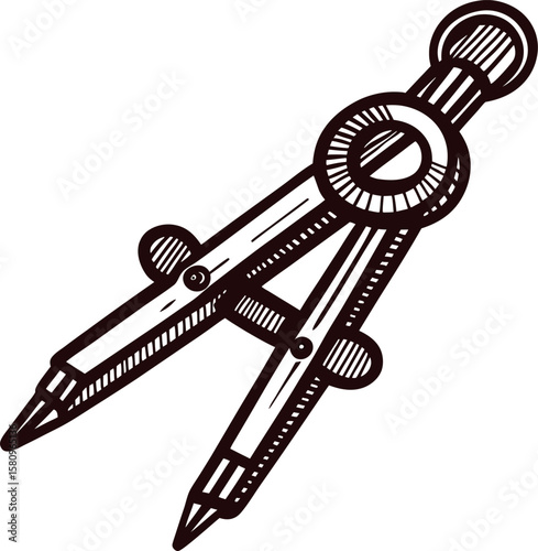 Hand drawn vintage metal compass for drafting and geometry, isolated detailed sketch illustration on white background