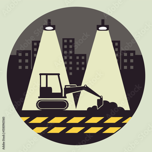 Night view illustration of a digger machine working under floodlights at a city construction zone, with shadows, caution tapes, and a dusty environment.