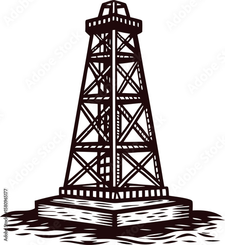 vintage engraved oil drilling rig tower standing on platform above water, detailed hand drawn illustration