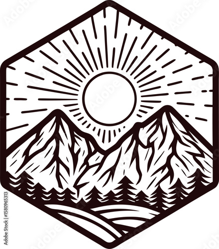 sunrise over mountain peaks with valley and pine trees in hexagon frame, vintage engraved line illustration