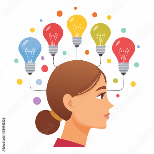Woman in profile with colorful lightbulbs flowing from head