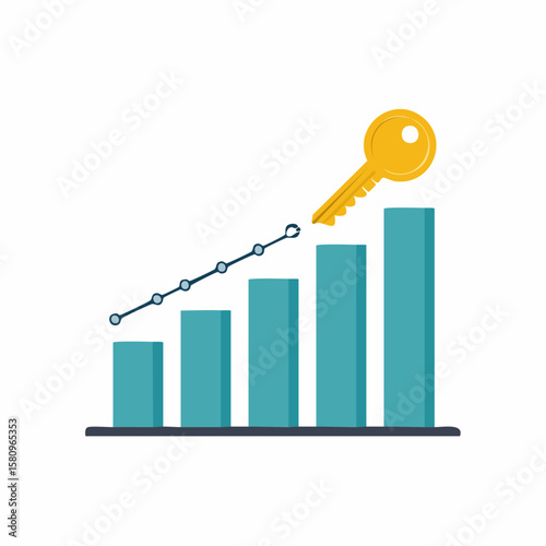 Golden key unlocks bar graph, showing increasing financial success