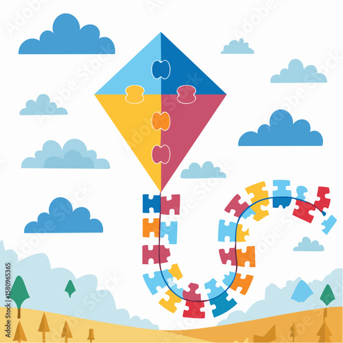 Colorful kite soars in the blue sky with puzzle pieces forming its tail