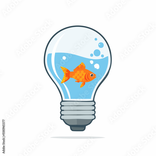 Goldfish swims inside a lightbulb filled with water against white