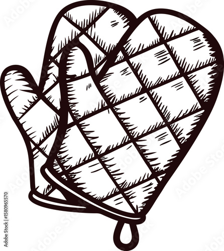 Vintage engraved illustration of quilted kitchen oven mitts isolated on white background