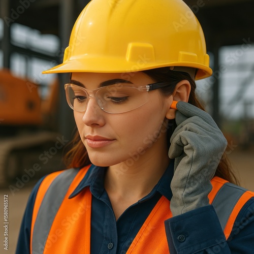 Construction worker inserting earplugs wearing safety glasses hard hat and hi vis vest