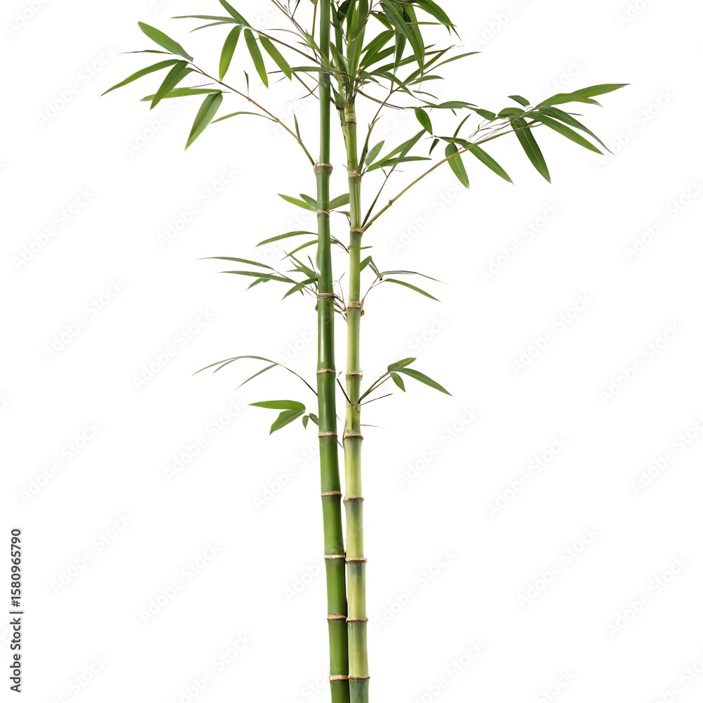 Fototapeta premium A fresh green bamboo shoot with several leaves, representing peace and nature, isolated on a transparent background png