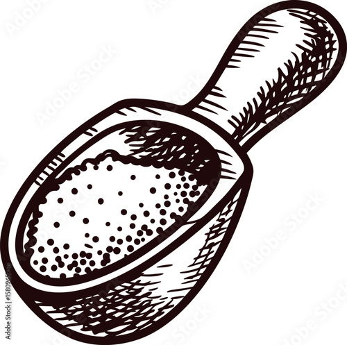 Hand drawn wooden scoop filled with granulated powder vintage engraved illustration