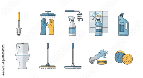 Bathroom Cleaning Tools: Vector Icon Set for Hygiene
