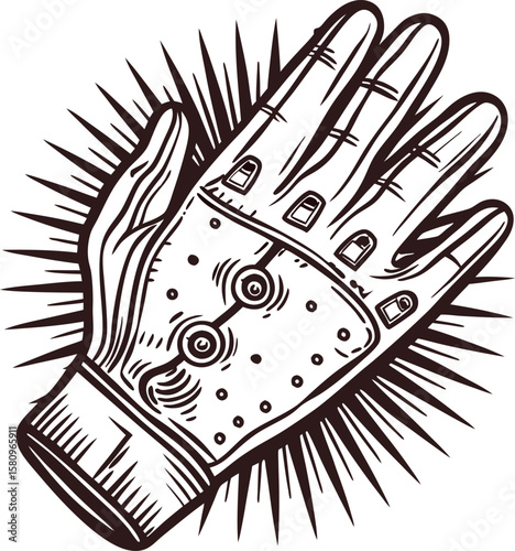 Vintage engraved illustration of a mechanical protective glove with detailed metal elements and decorative rays