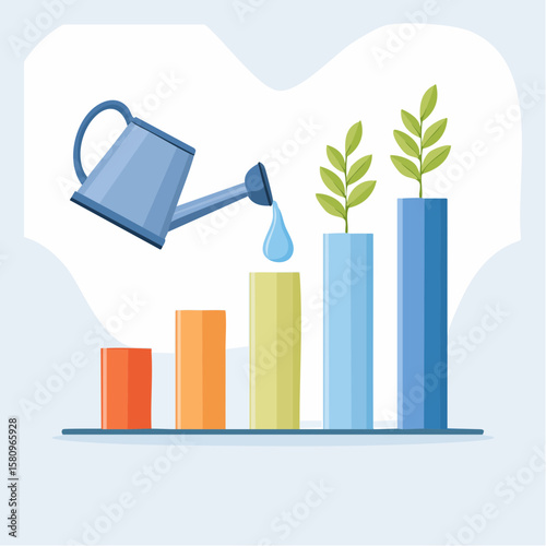 Watering can nourishes growing bar chart with plant growth