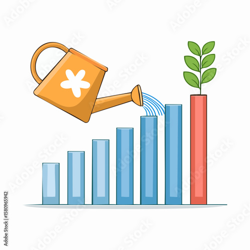 Watering can nourishes growing bar chart with plant on top