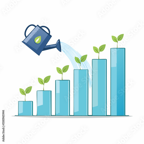 Watering can promotes growth on a bar chart, nurturing Success