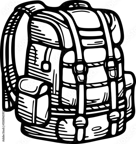 hand drawn hiking backpack with pockets and straps, isolated illustration in vintage engraved sketch
