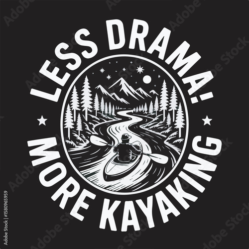 White illustration of person kayaking down a river with mountains and trees water paddling