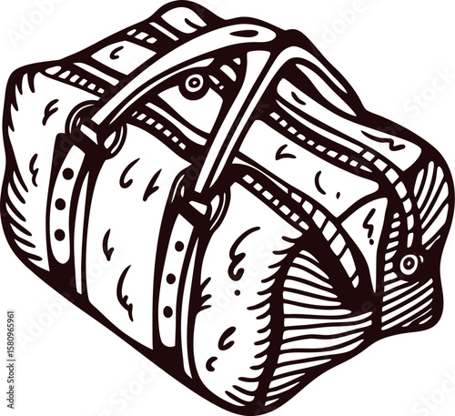 Vintage engraved drawing of a duffel bag with handles isolated on white background