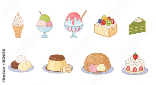 Colorful Asian Desserts Illustration: Ice Cream, Cake, and Traditional Sweets
