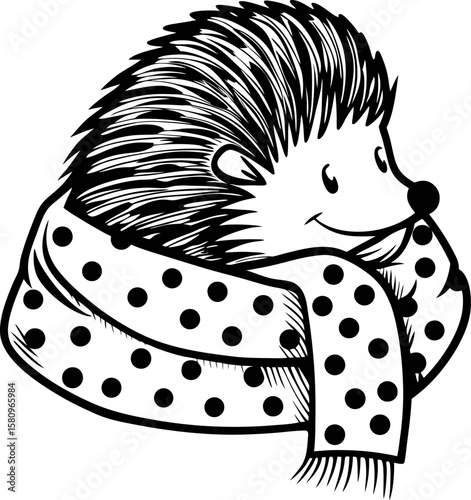 smiling hedgehog wrapped in dotted scarf black and white hand drawn illustration