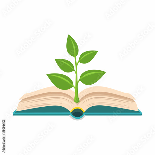 Small sapling grows out of the pages of an open Book on white