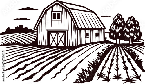 Vintage etched illustration of a rustic barn on farmland field with trees and tilled soil landscape