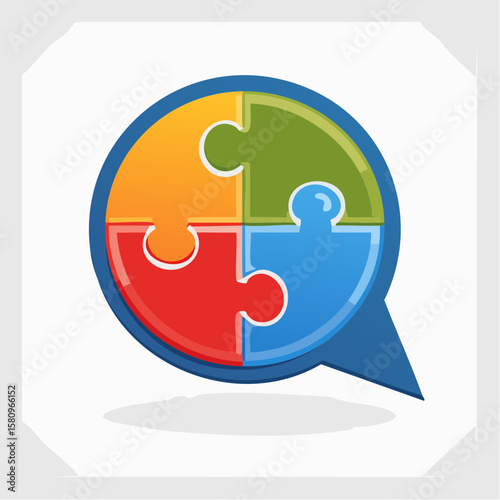 Four piece jigsaw puzzle forms a circular speech bubble suggesting an answer