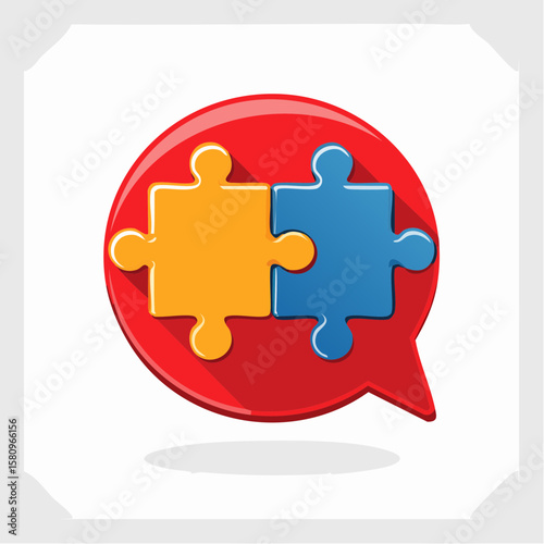 Puzzle pieces joining together within red speech bubble shape