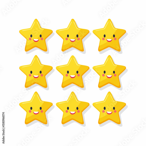 Rating system with happy, smiling faces in the shape of yellow Stars