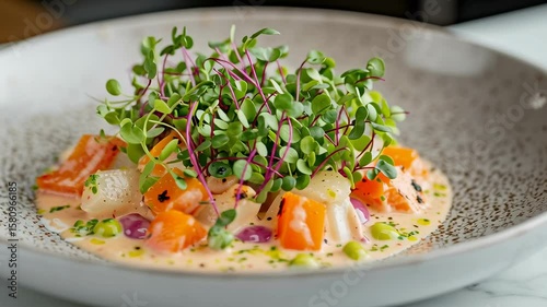 A gourmet dish featuring diced seafood in a creamy sauce, topped with microgreens, served in a modern ceramic bowl.