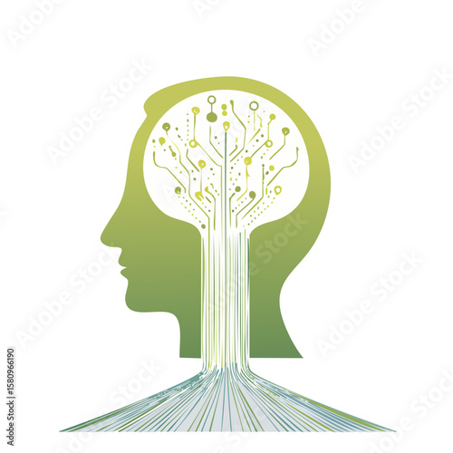 Data stream enters human head silhouette, forming a circuit tree network