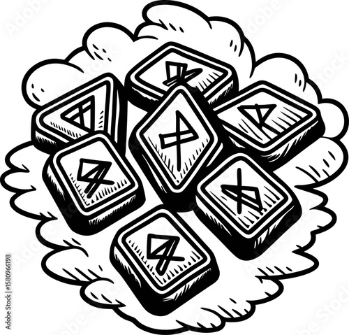 Hand drawn engraved rune stones in cloud cluster arrangement ancient mystic divination symbols illustration