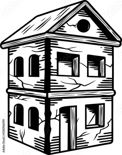 Hand drawn sketch of an old abandoned two story house with cracked walls and broken windows
