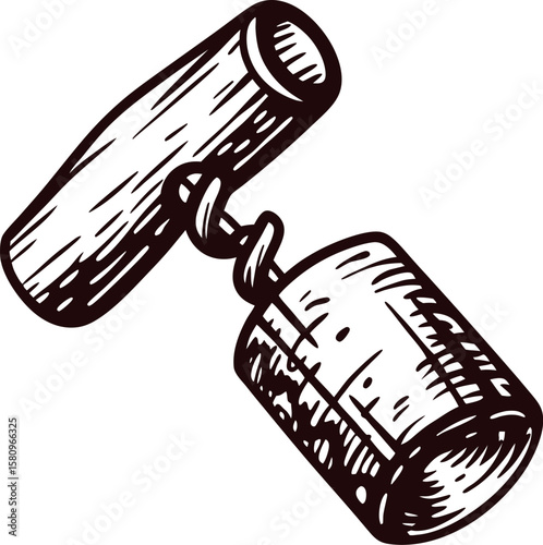 Hand drawn wine corkscrew and cork isolated vintage sketch bar tool illustration