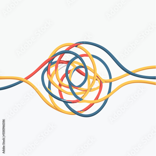 Tangled multi colored lines form knot on white plain background