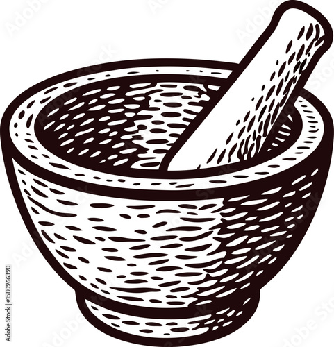Hand drawn mortar and pestle in vintage engraved with detailed wood texture illustration