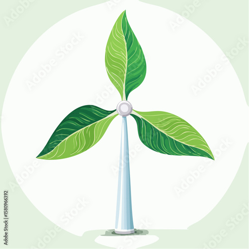 Stylized wind turbine with green leaves serving as blades on light backdrop