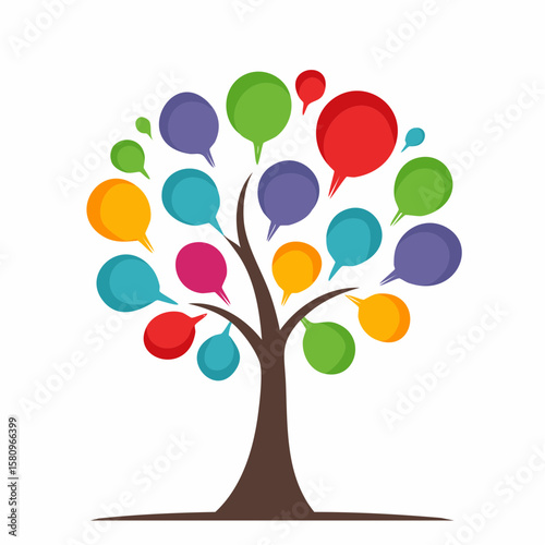 Conceptual tree illustration with colorful speech bubbles as leaves