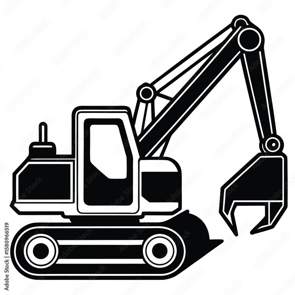 Naklejka premium black industrial heavy equipment: vector excavator, truck, and construction machinery