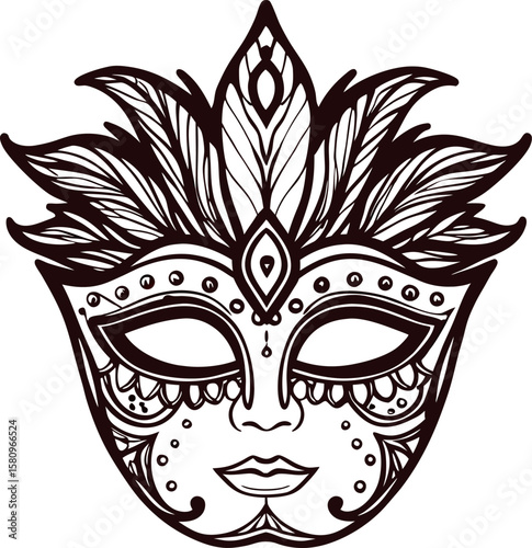 Intricate hand drawn carnival mask with ornate floral feathers and geometric pattern in vintage black outline