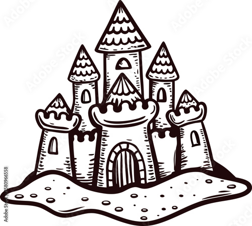 Hand drawn sandcastle with detailed towers and gate on beach sand monochrome vintage engraved illustration