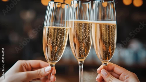 Wallpaper Mural Three champagne flutes are raised together in a celebratory toast with a blurred festive background. Torontodigital.ca