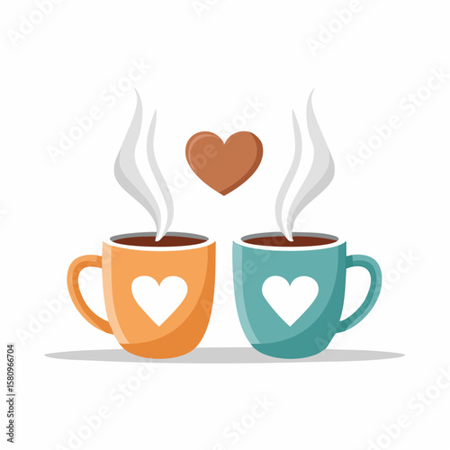Two coffee mugs cheersing, with a heart of steam forming above