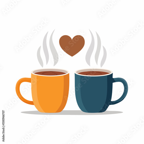 Two Coffee Mugs Cheersing with a Heart in the Steam Above Them