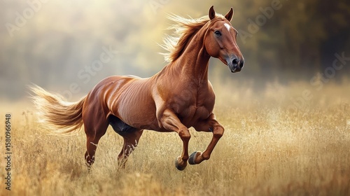 A magnificent horse in full stride across a golden field.