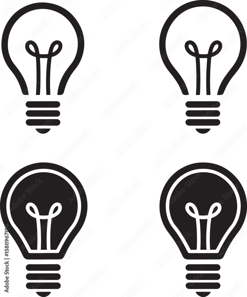 Set of Simple Light Bulbs Icons in Black and White Vector Art for Innovation, Ideas, and Creativity Symbolism, Ideal for Graphic Design Projects Set of Simple Light Bulbs Icons in Black and White Vector Art for Innovation, Ideas, and Creativity Symbolism, Ideal for Graphic Design Projects