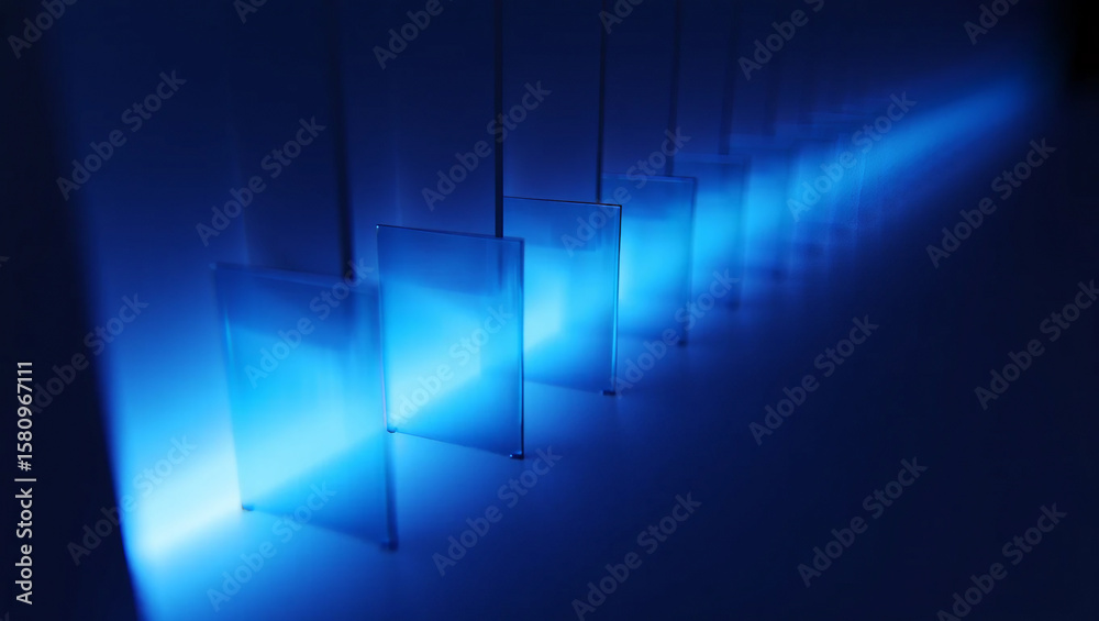 Obraz premium Glowing blue glass panels arranged in a receding line light abstract